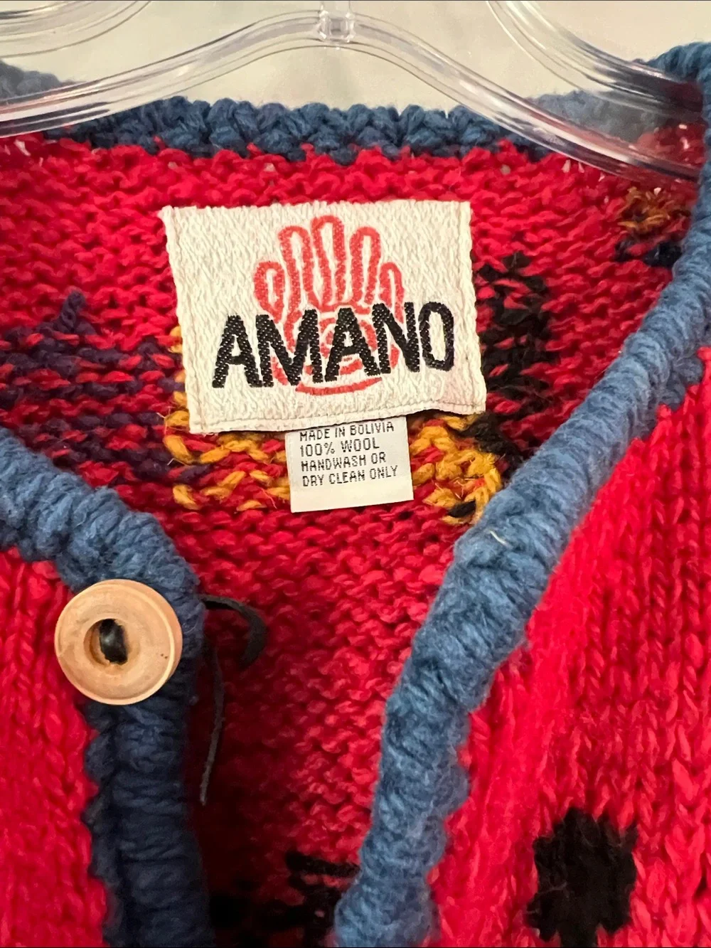 Amano - Vintage, Red Knit Folk Art Cardigan with Multicolor Figures